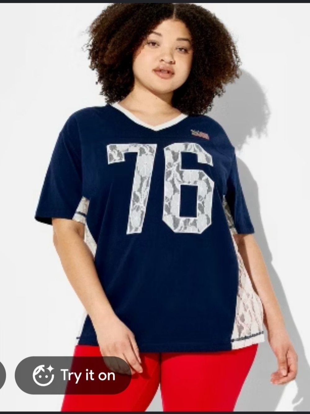 Zoe + Liv Navy Jersey Top with White Lace '76' Graphic
